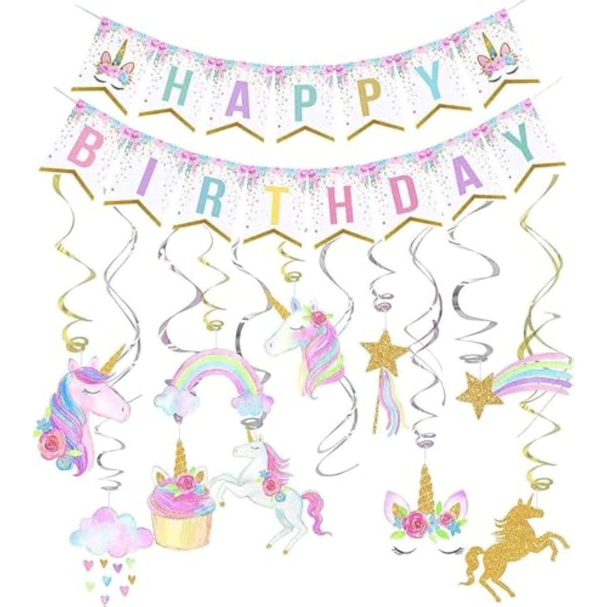 30PCS Unicorn Birthday Decorations – Banner, Swirls, Party Favors & Supplies for Girls