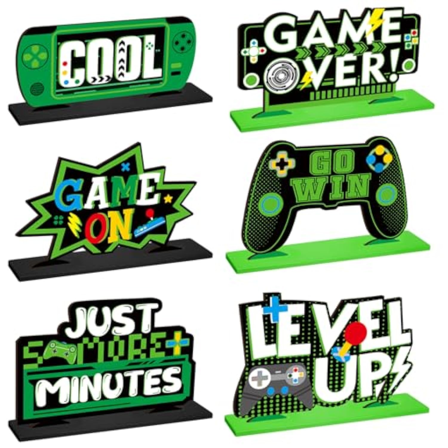 6 Pcs Video Game Party Centerpieces Wood Level Up Birthday Decorations Gaming Desk Decor Pixelated Table Sign For Adults Birthday Party Theme Fans Supplies(Green)