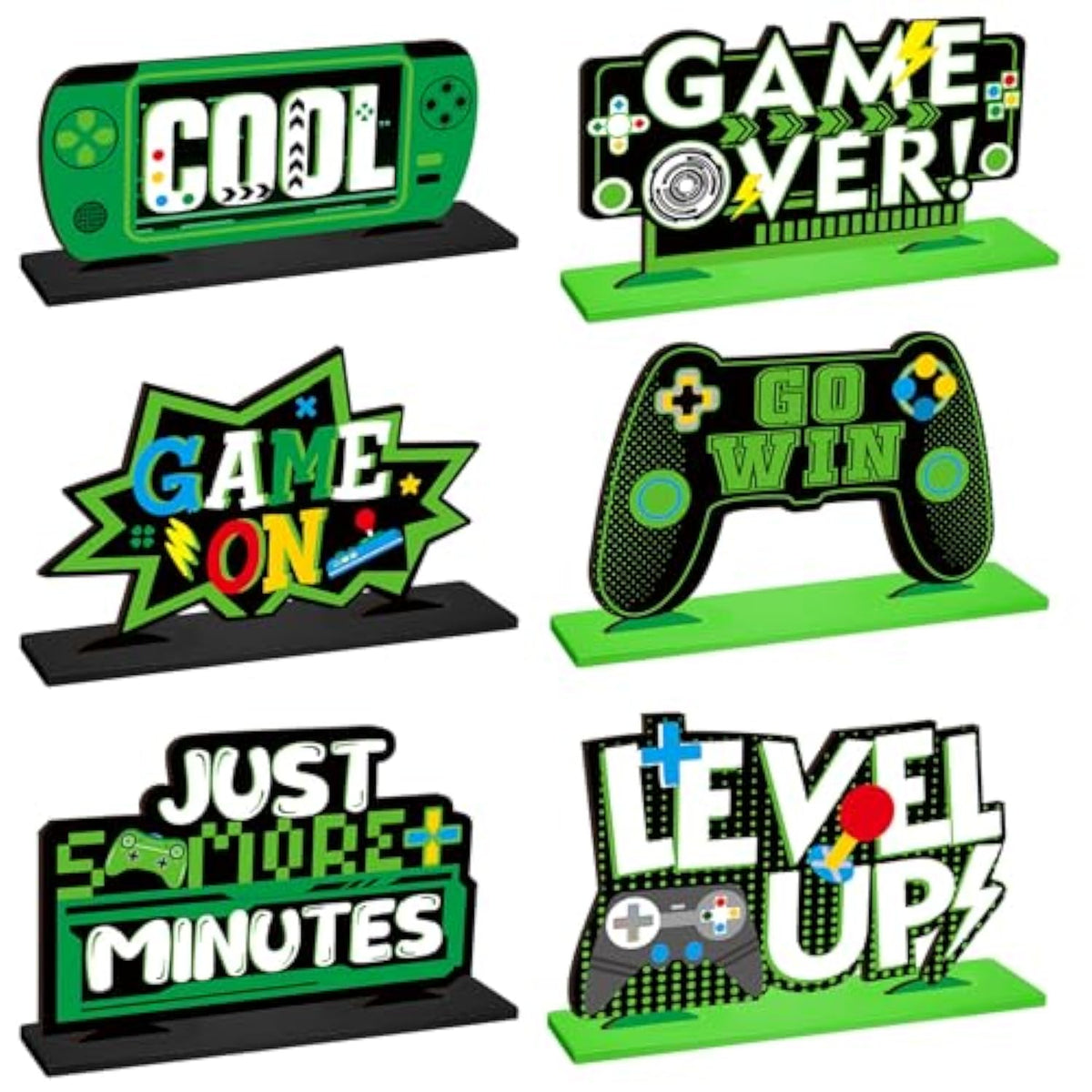 6 Pcs Video Game Party Centerpieces Wood Level Up Birthday Decorations Gaming Desk Decor Pixelated Table Sign For Adults Birthday Party Theme Fans Supplies(Green)