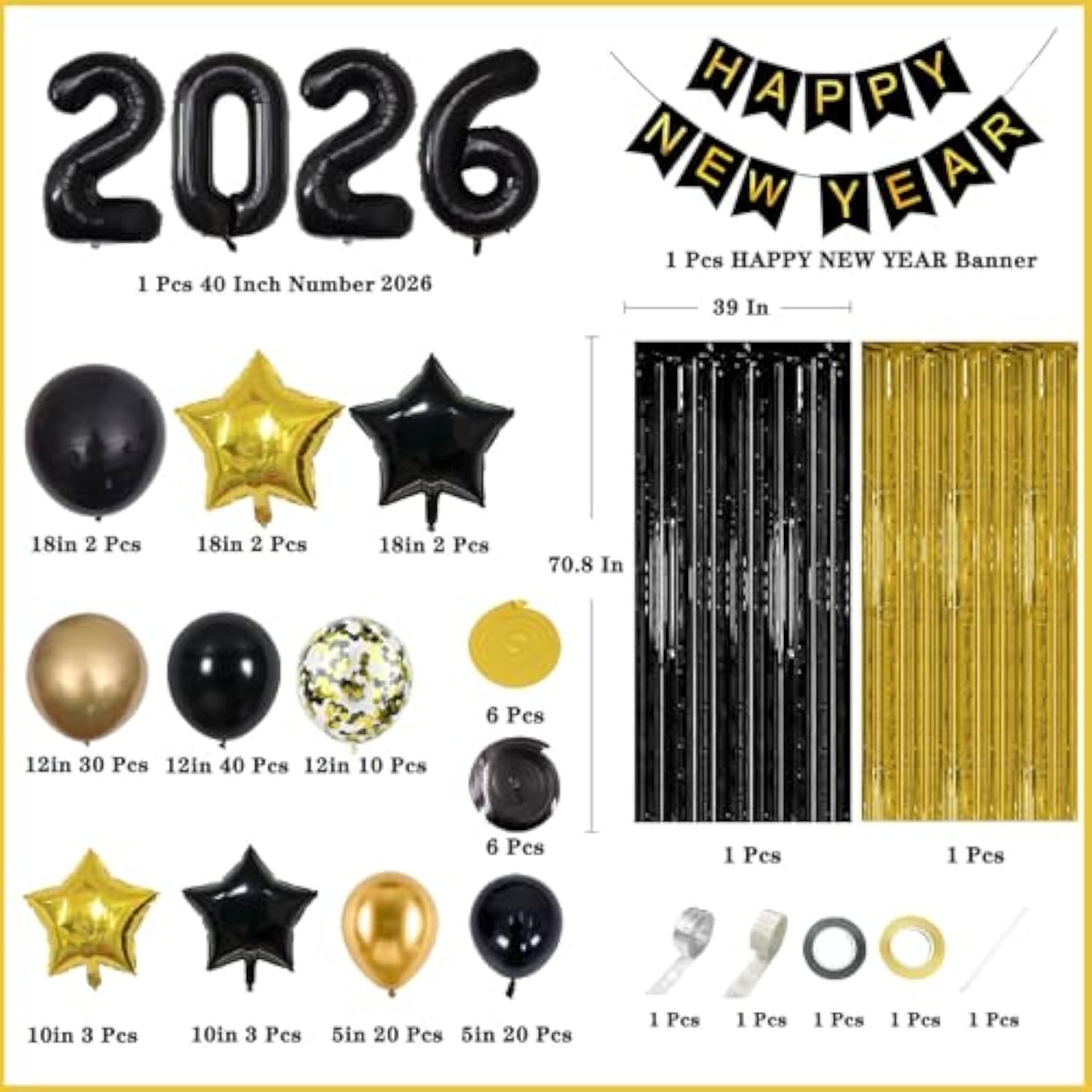New Year 2026 Party Kit 153 Pc Black Gold Balloons Banner Swirls Backdrop