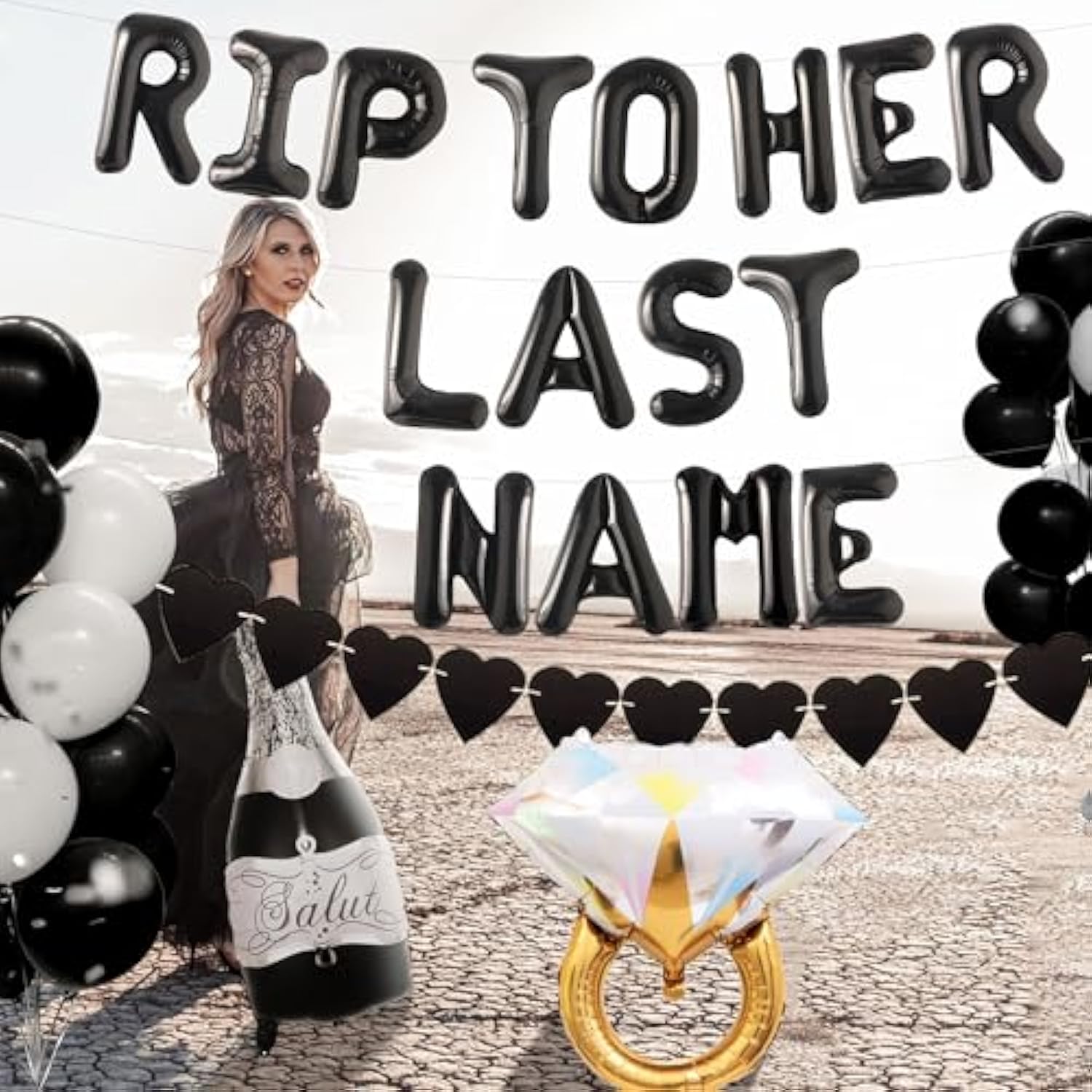 “RIP to Her Last Name” gothic bachelorette décor for engagement or wedding parties