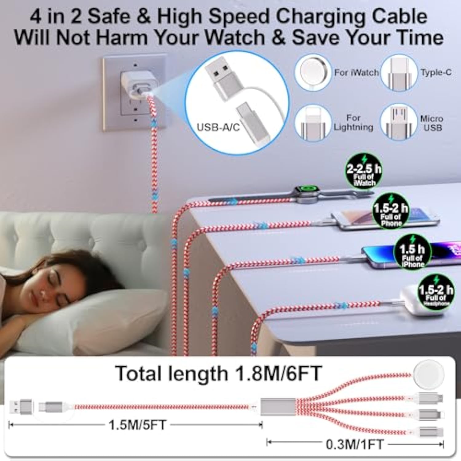 2Pack 6Ft/1.8M Iwatch Charger, 4 In 2 Usb A/C To Ios Port/Type C/Micro Usb/Iwatch Charger Nylon-Braided Multi Fast Charging Cable Compatible For Iwatch Ultra/Se/1-10/Iphone/Ipad/Airpods/Galaxy