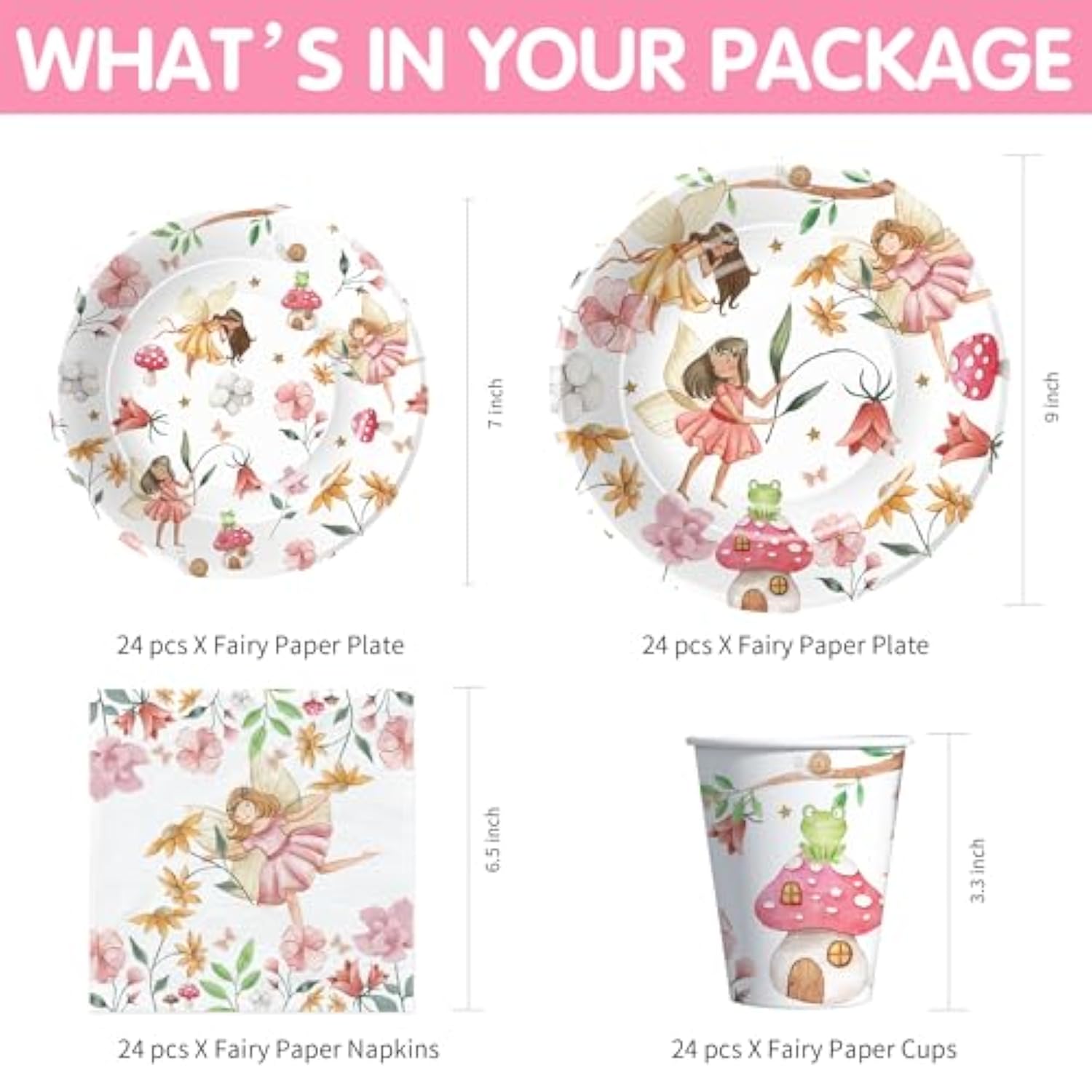 Fairy Birthday Decorations, Magical Enchanted Garden Fairy Party Decorations Supplies For Birthday Baby Shower, Paper Plate, Napkin, Cup, Banner, Tablecloth, Swirls, Cutlery, Serves 24