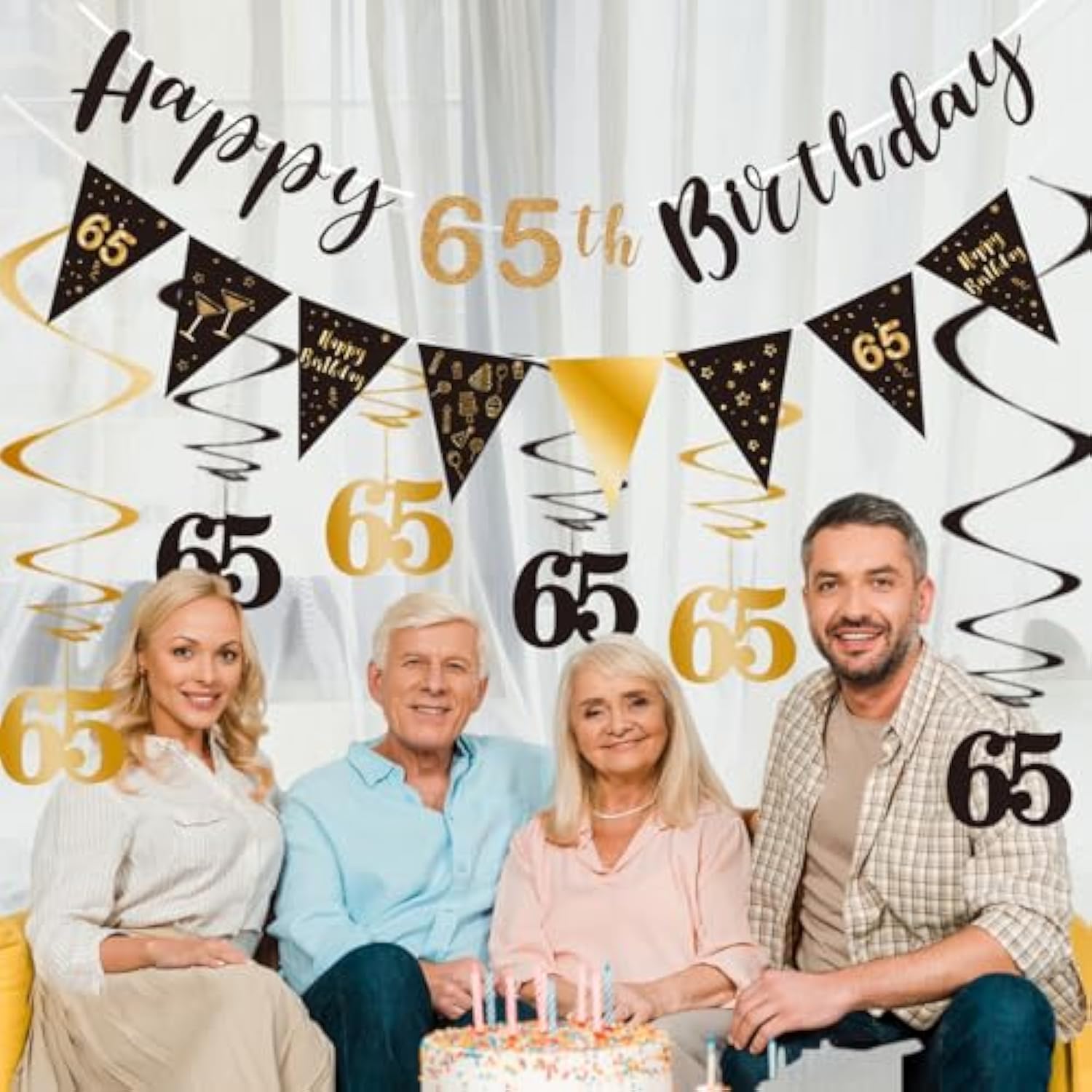 65th Birthday Decoration Kit, Black & Gold Banner Bunting Swirls Streamers Set