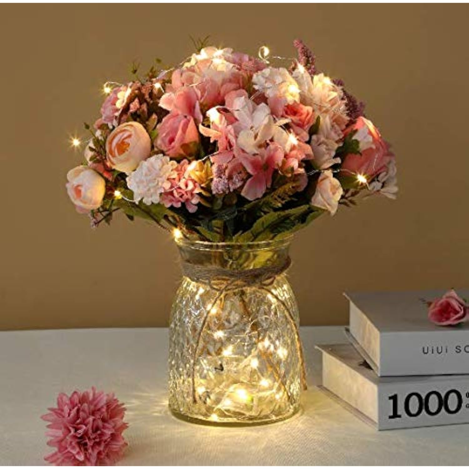 Artificial Led Pink Rose Flowers With Glass Vase, Flower Arrangement For Table Centerpiece, Home Office Wedding Decoration