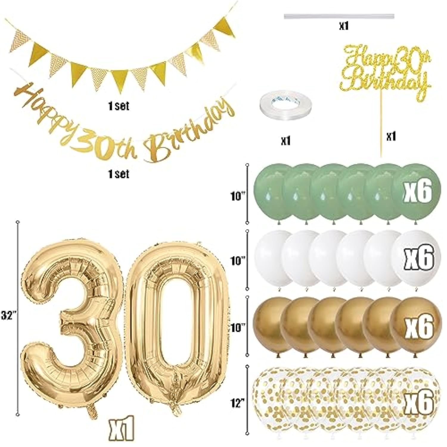 30Th Birthday Decorations For Women Men, Happy Banner With Cake Topper Number 30 Foil Balloon, Sage Green White Gold Balloons For 30 Year Old Party Decoration