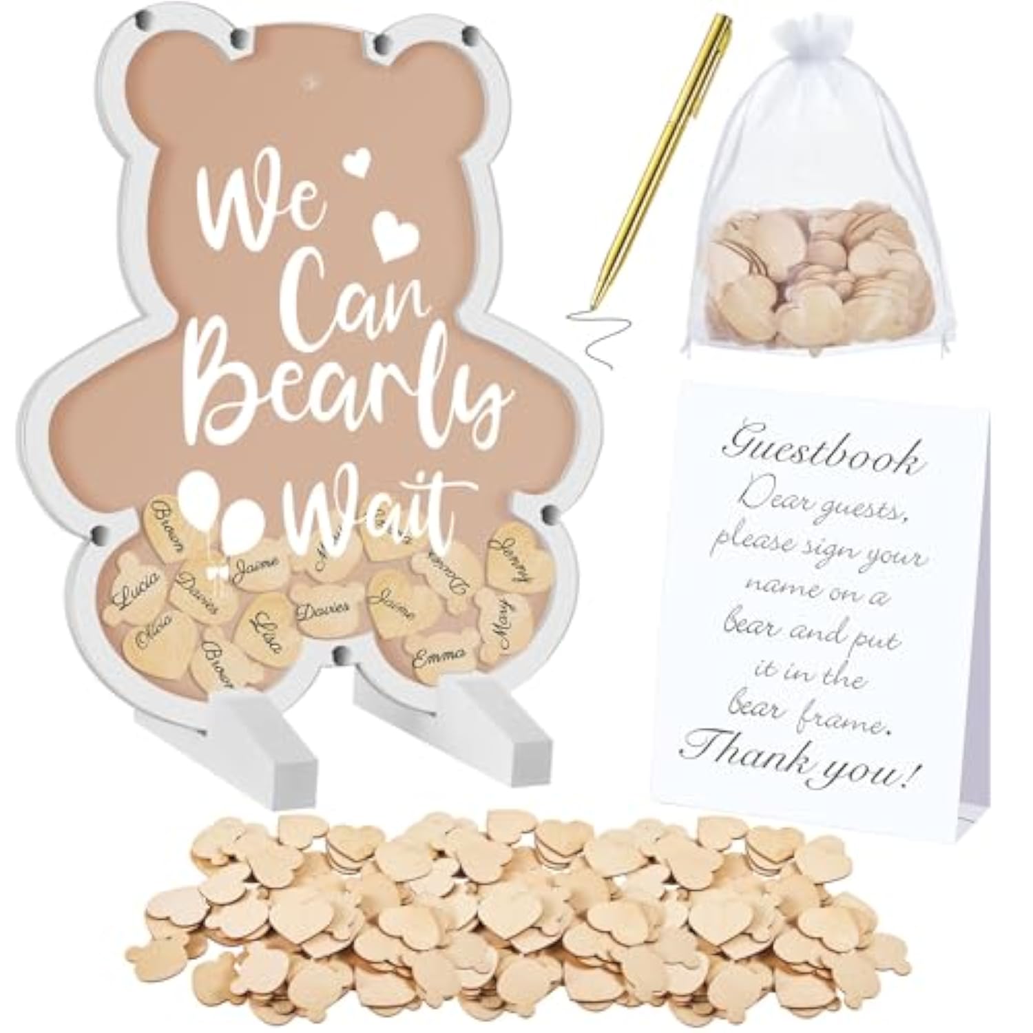 We Can Bearly Wait Acrylic Baby Shower Guest Book Alternatives Decorations With Wooden Hearts For 60 Guests Baby Shower Sign Picture Frame Pregnancy Keepsake Edition For Soon To Be Mom (Brown)