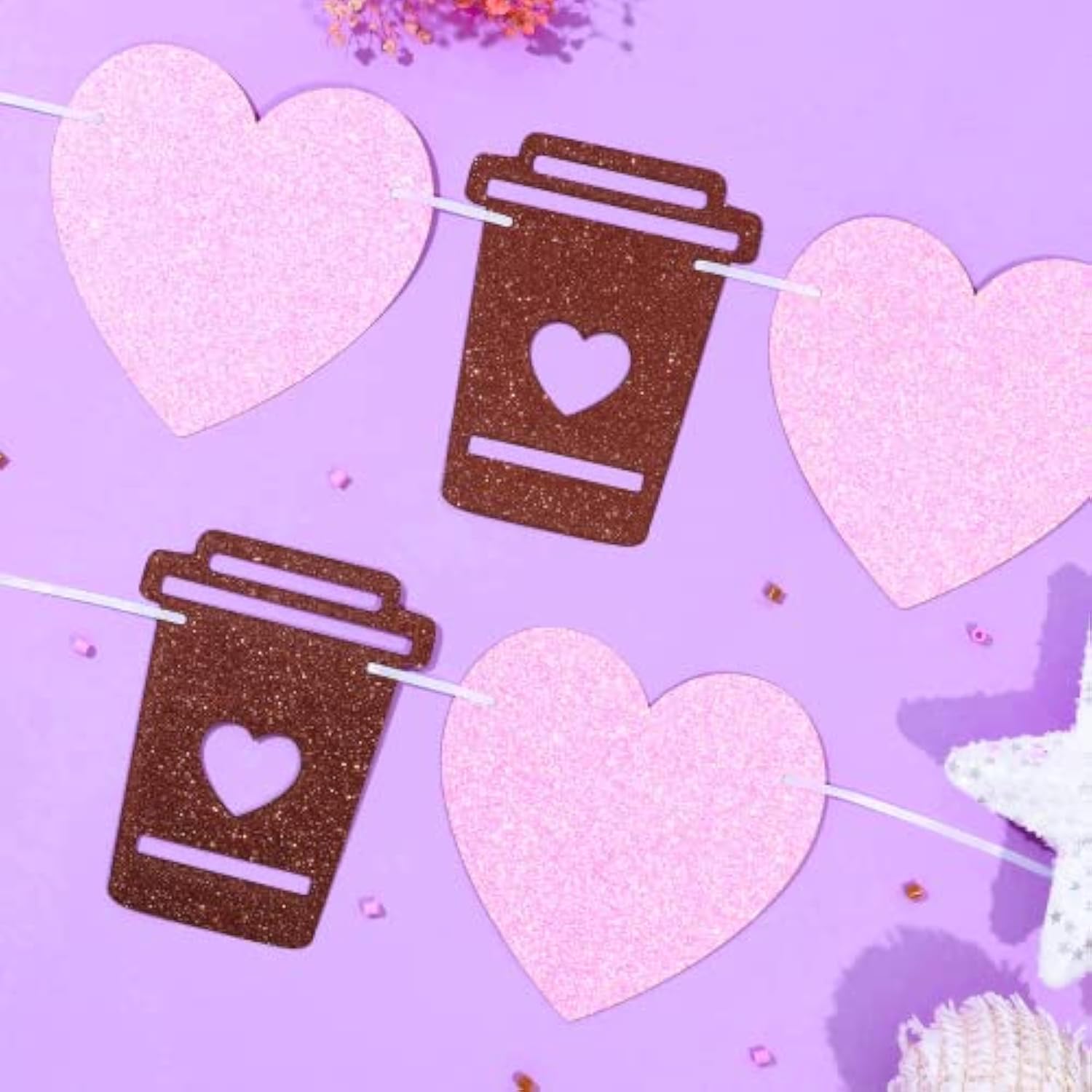 Coffee Bar Banner Pink, Glitter Coffee Cup And Heart Garland, Latte Banner For Birthday Bachelorette Engagement Wedding Baby Shower Party, Cafe Bar Wall Table Decorations