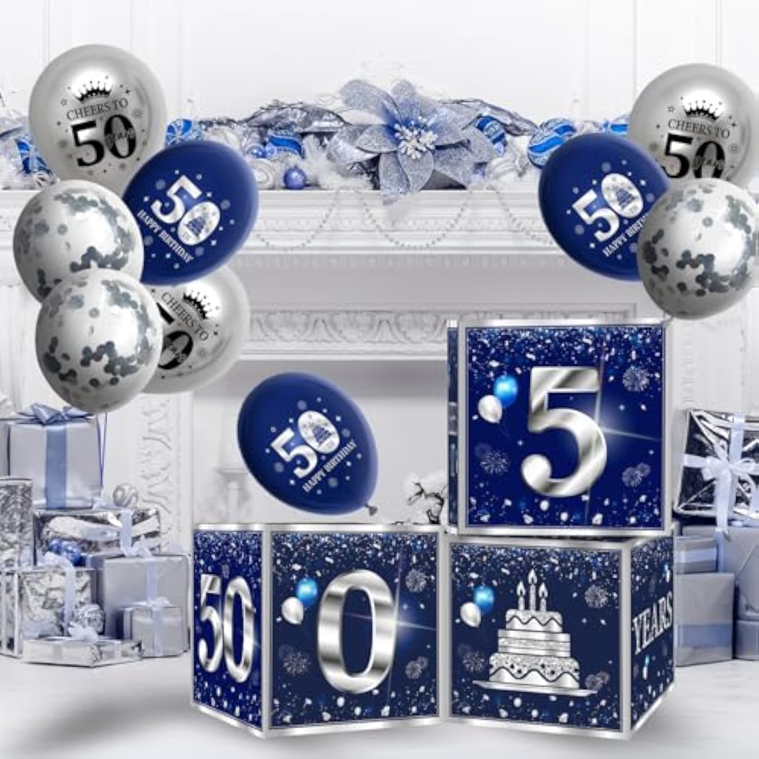 3Pcs 50Th Birthday Decorations Boxes For Men Blue Silver 50Th Happy Birthday Balloons Boxes Party Supplies 50 Year Old Birthday Theme Cardboard Box Decor.