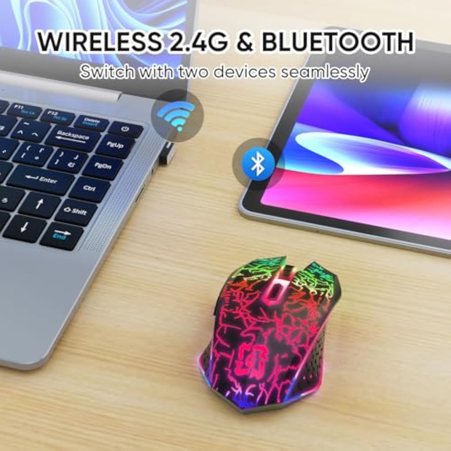 Bluetooth Wireless Gaming Mouse, 2.4G Cordless Rgb Rechargeable Pc Game Mouse, Black