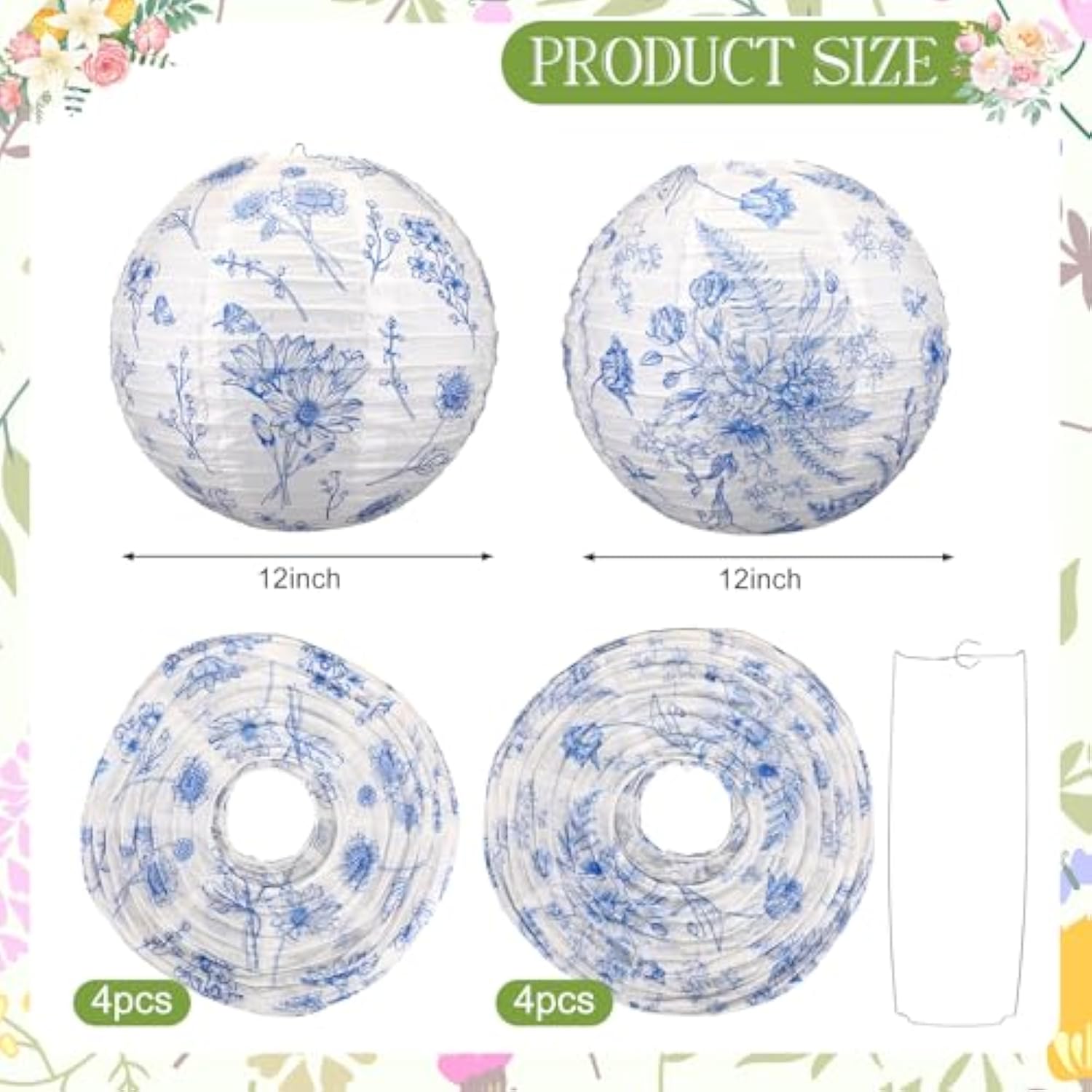 8 Pcs Blue Floral Spring Paper Lanterns 12 Inch Blue And White Hanging Paper Lantern Decorations 2 Styles Chinoiserie Lanterns For Garden Party Birthday Baby Shower Wedding Tea Home Decor