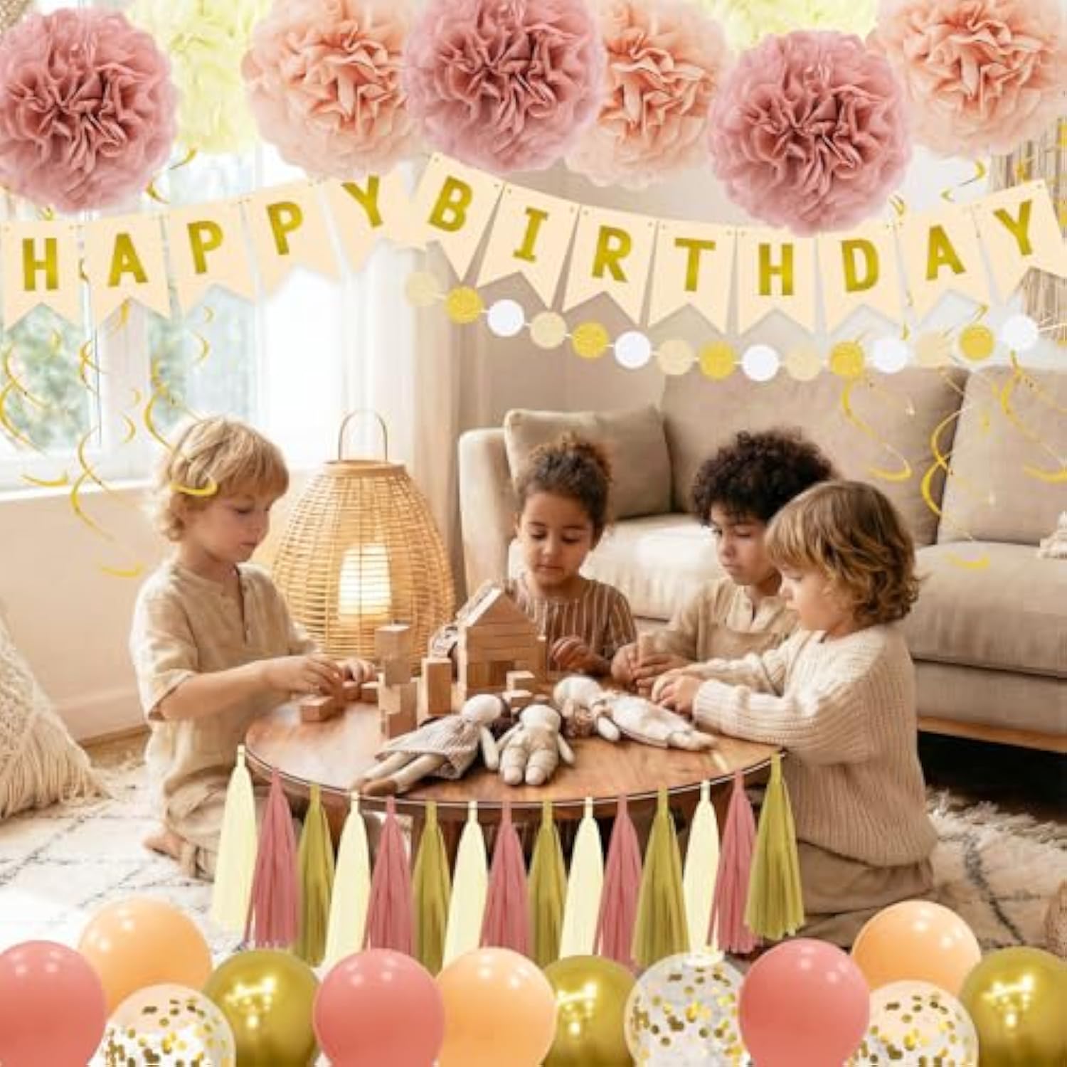 Birthday Decorations For Women Girls Kit - Boho Pink Happy Birthday Banner With Tissue Flower Pom, 12 Inch Balloons,Tassel Garland,Hanging Swirls Streamers For Boho Neutral Retro Themed Party Decor