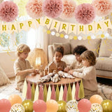 Birthday Decorations For Women Girls Kit - Boho Pink Happy Birthday Banner With Tissue Flower Pom, 12 Inch Balloons,Tassel Garland,Hanging Swirls Streamers For Boho Neutral Retro Themed Party Decor