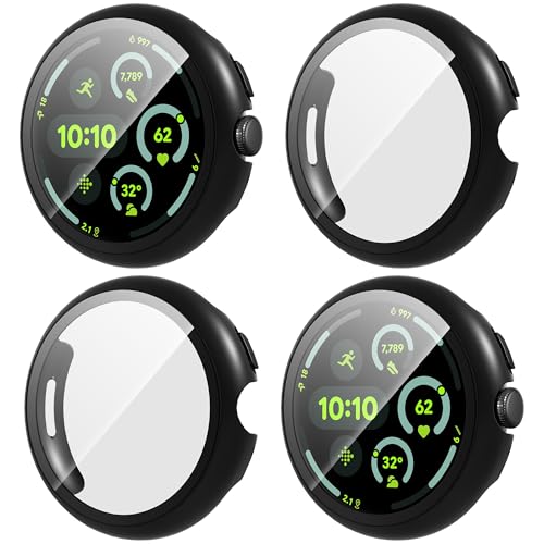 4-Pack for Google Pixel Watch 3 45mm Case, HD Tempered Glass Screen Protector, All-Round PC Glossy Protective Cover Bumper?Black+Black+Black+Black?
