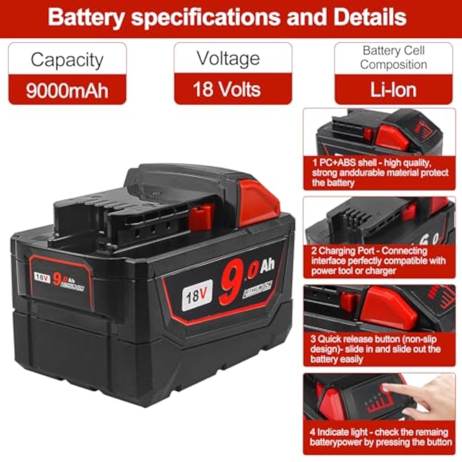 9Ah 18V Lithium Replacement Battery Compatible With Milwaukee 18V 48-11-1815 48-11-1850 48-11-1860 Cordless Power Tools Lithium Batteries