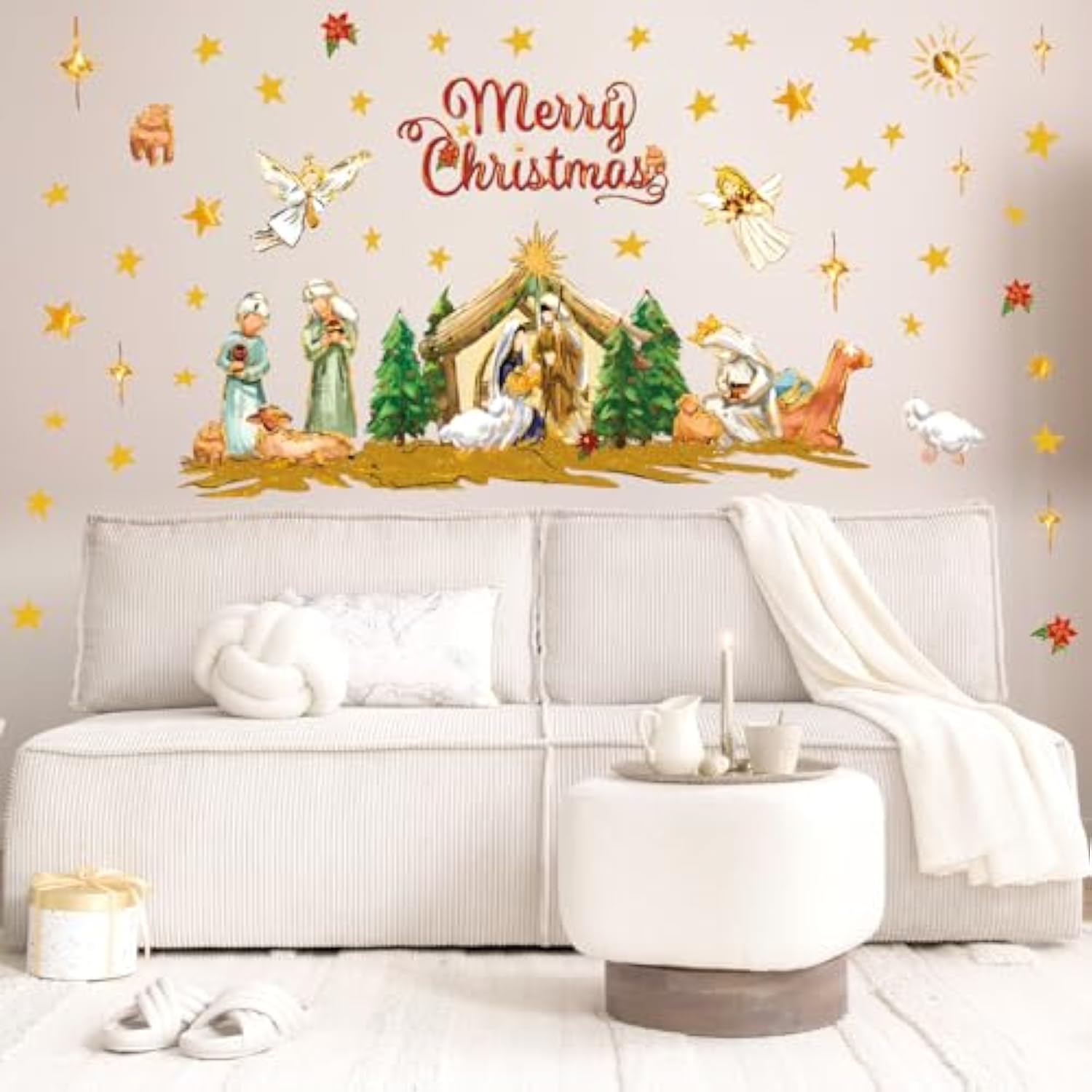 Christmas Wall Stickers Nativity Scene Wall Decals Large Holy Night Room Mural Stickers For Home Party Decor, 9.8 X 13.8 Inch, 4 Sheets