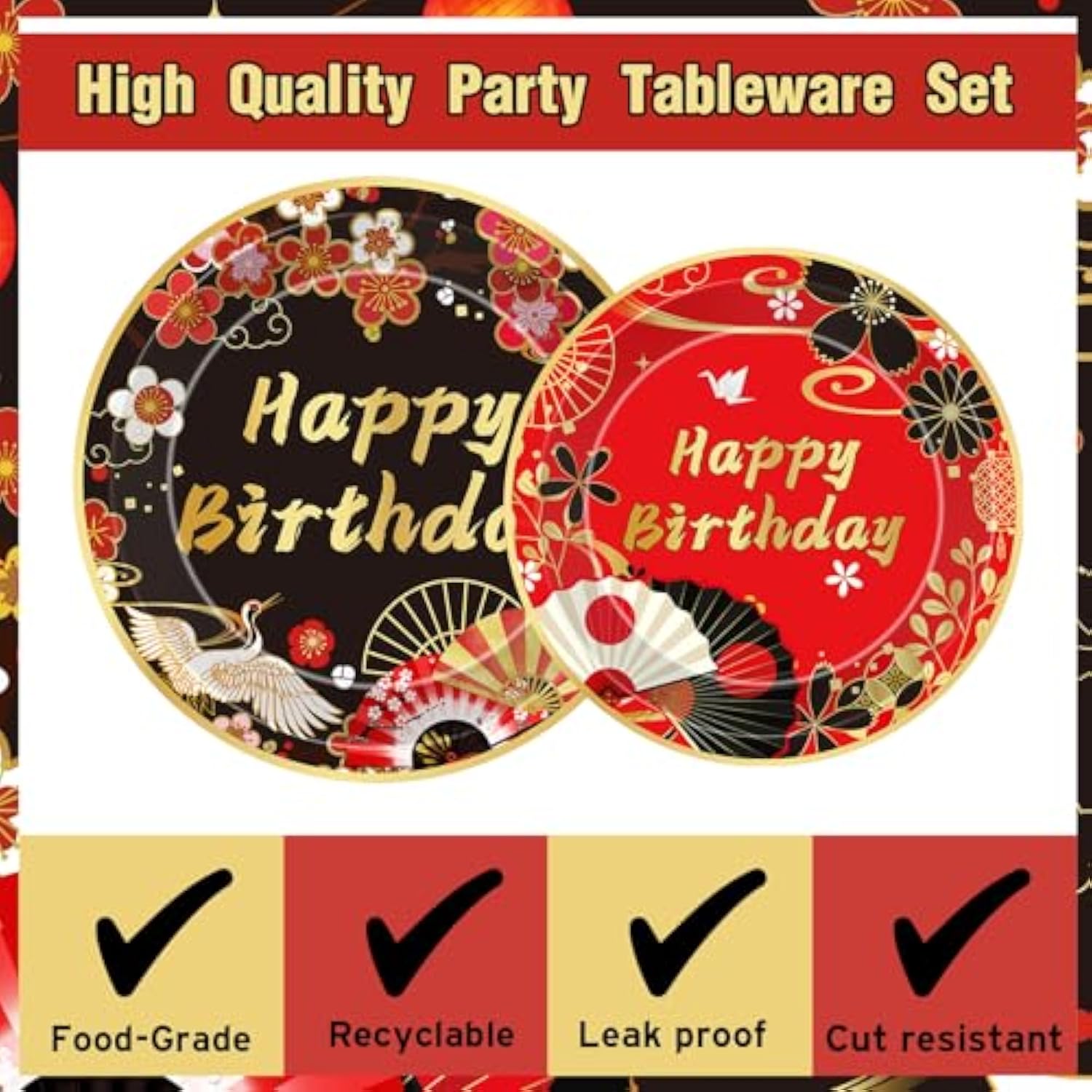 Hibachi Birthday Party Decorations - 96 Pcs Red Black Disposable Paper Dessert Plates Napkins Forks Tableware Set Oriental Crane Plum Folding Fans Japanese Supplies Favors Serves 24 Guests