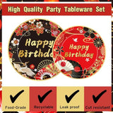 Hibachi Birthday Party Decorations - 96 Pcs Red Black Disposable Paper Dessert Plates Napkins Forks Tableware Set Oriental Crane Plum Folding Fans Japanese Supplies Favors Serves 24 Guests