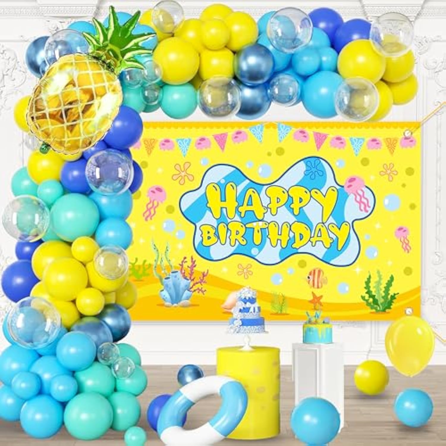 Sponge Cartoon Balloon Arch Kit with Backdrop, Blue-Green Birthday Decor