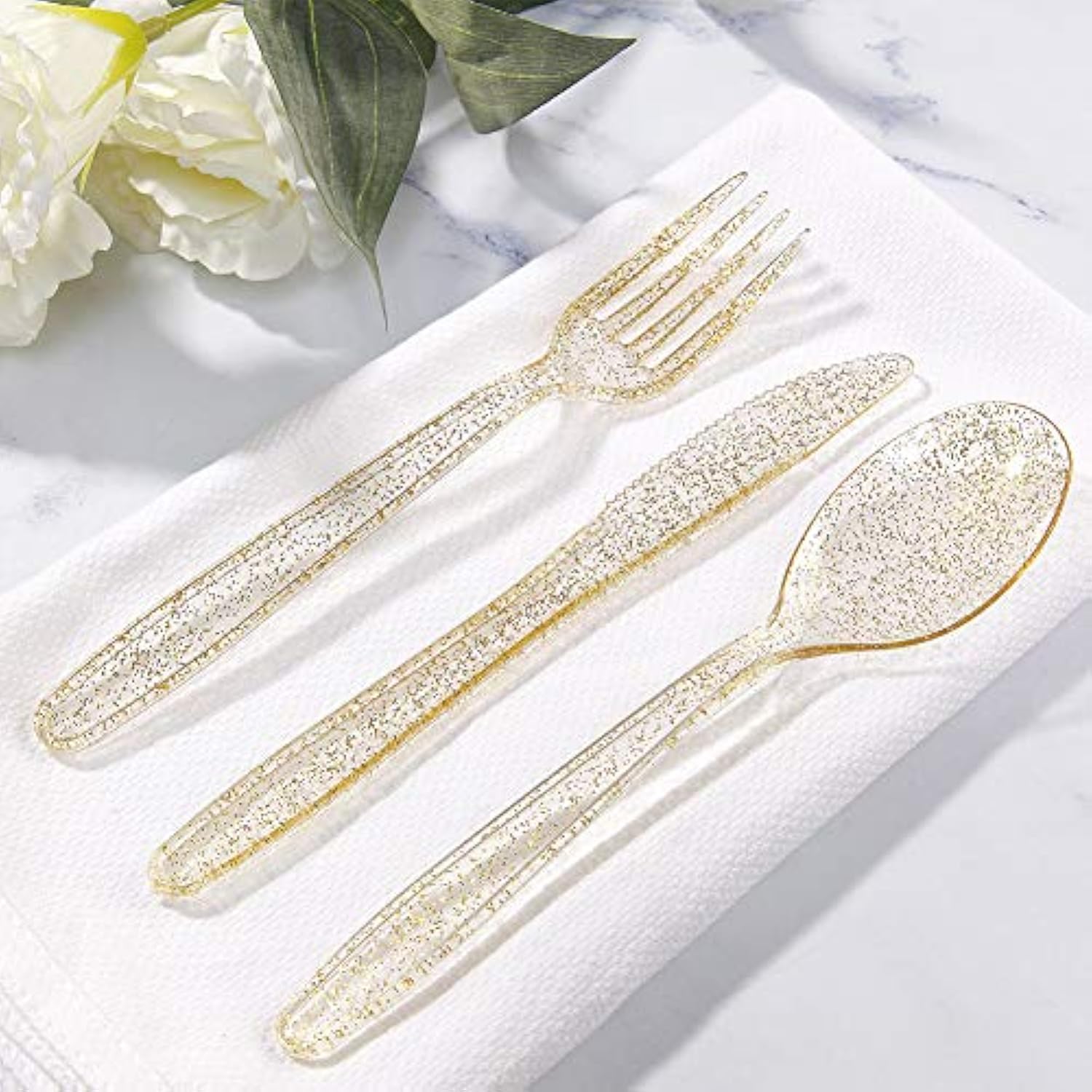 360 Gold Plastic Silverware - Disposable Gold Glitter Cutlery - Plastic Silverware Inluding: 120Forks, 120 Spoons, 120 Knives For Wedding/Christmas Party