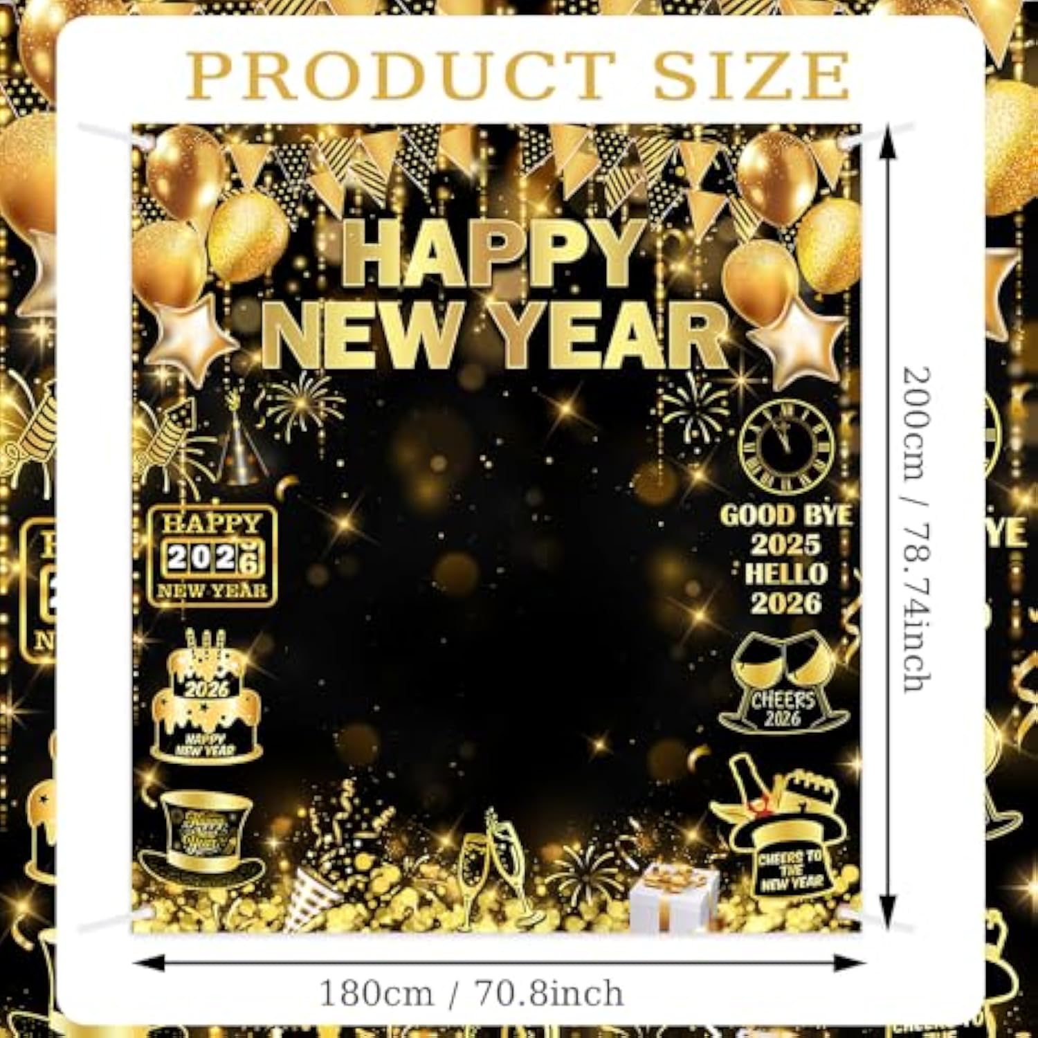 Black & Gold 2026 Happy New Year Banner 70.8x78.7in Party Backdrop