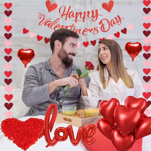 Valentines Day Decorations Kit With 3 Pack Hearts Felt Garland, 1 Happy Valentine's Day Banner, Love Heart Valentines Balloons And 500pcs Rose Petals For Anniversary Galentines Day Decorations