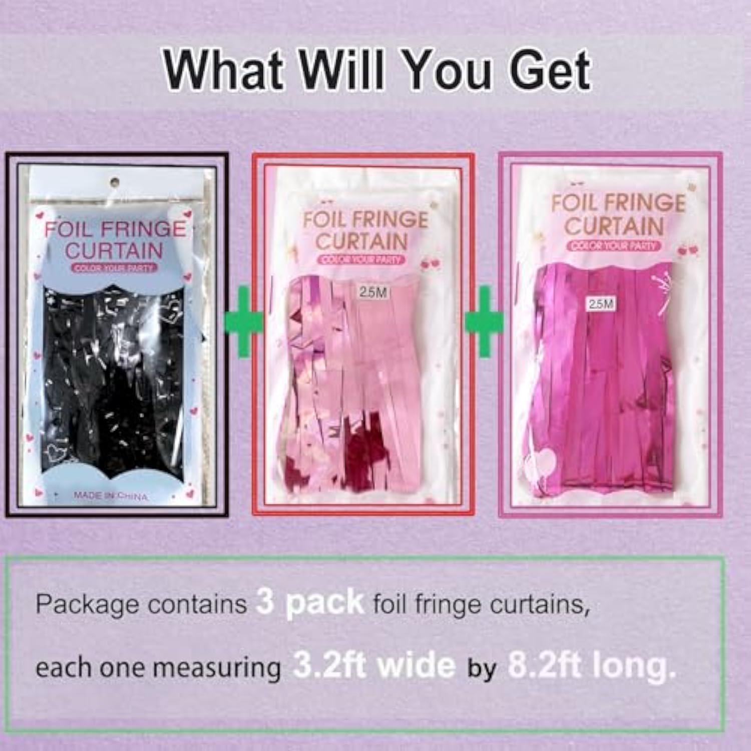 Pink and Black Birthday Decorations - 3 Pack of Tinsel Fringe Backdrop Curtains