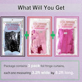 Pink and Black Birthday Decorations - 3 Pack of Tinsel Fringe Backdrop Curtains