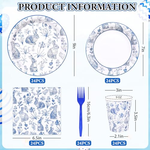 120Pcs Easter Tableware Set Serves 24 Blue White Retro Bunny Rabbit Chinoiserie Floral Paper Plates Napkins Cups Forks Disposable Dinnerware for Spring Bridal Baby Shower Wedding Party
