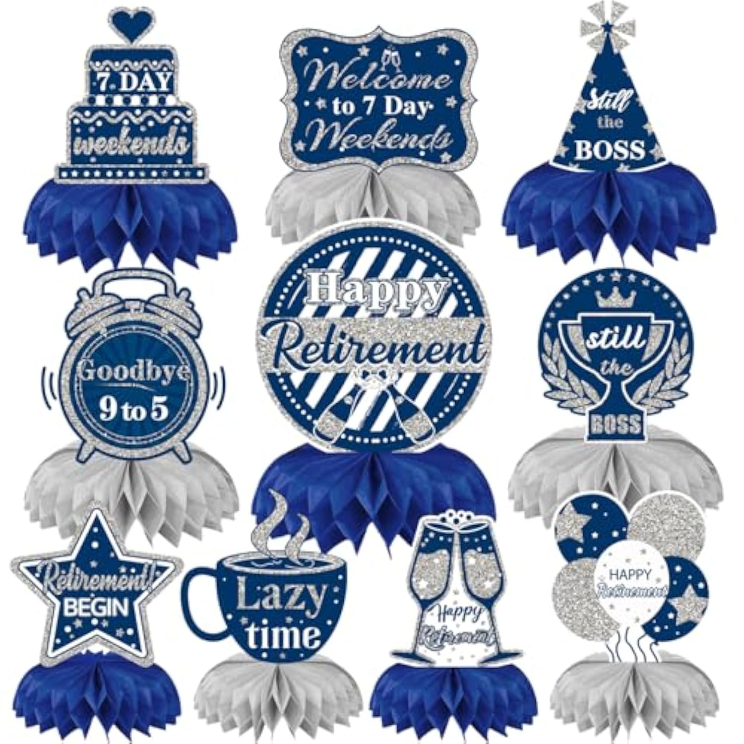 10PCS Blue & Silver Retirement Party Honeycomb Centerpieces for Happy Retirement Decor