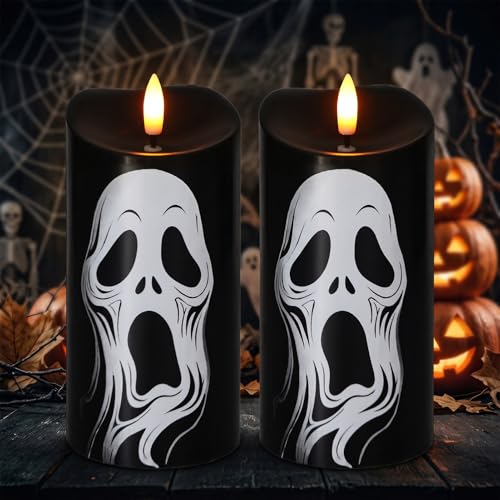 Halloween Black Flameless Pillar Candles with Ghost Decals, 2PCS