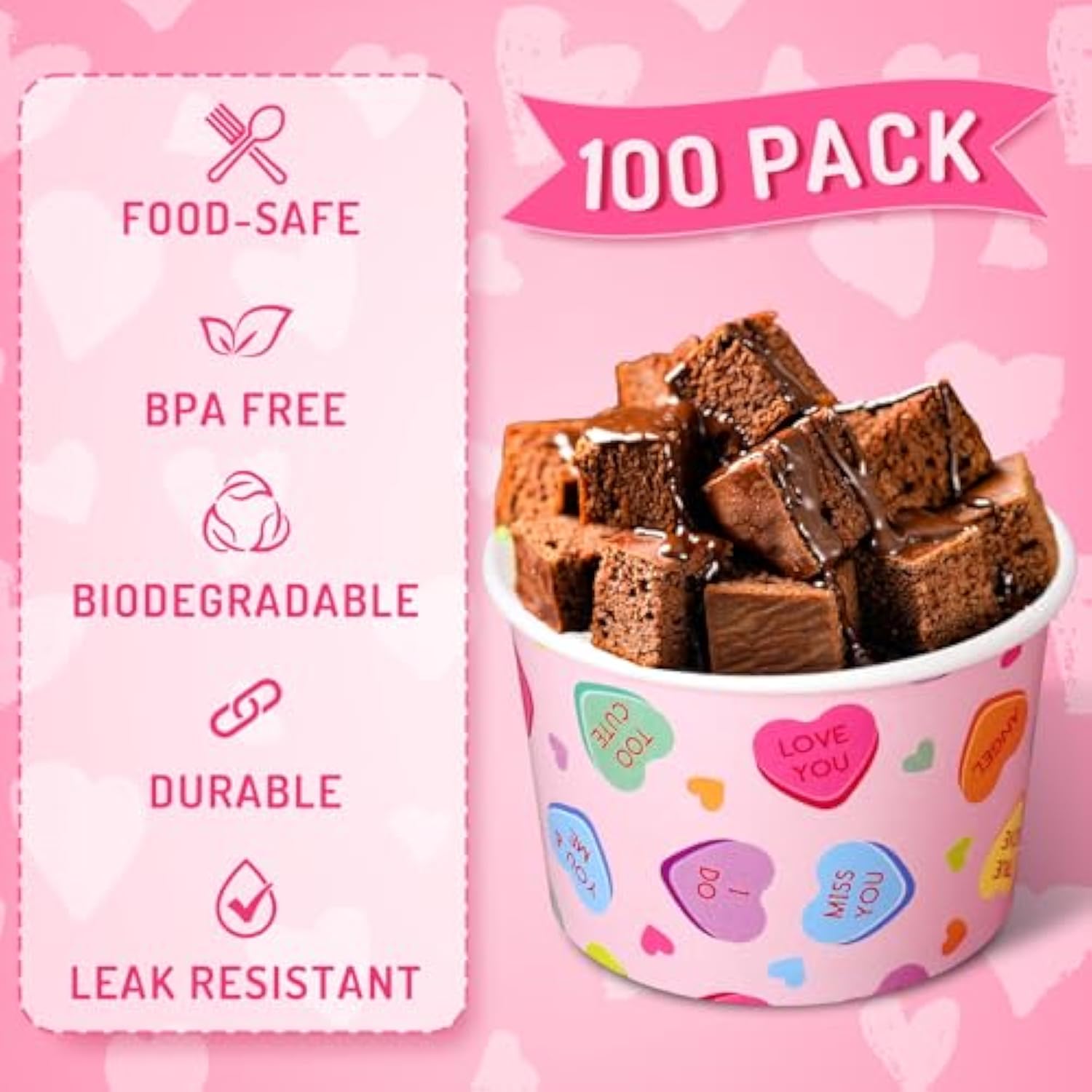 100Pcs Valentine'S Day Treat Snack Cups 9 Oz Pastel Pink Conversation Heart Ice Cream Cups Disposable Dessert Bowls For Wedding Bridal Shower Birthday