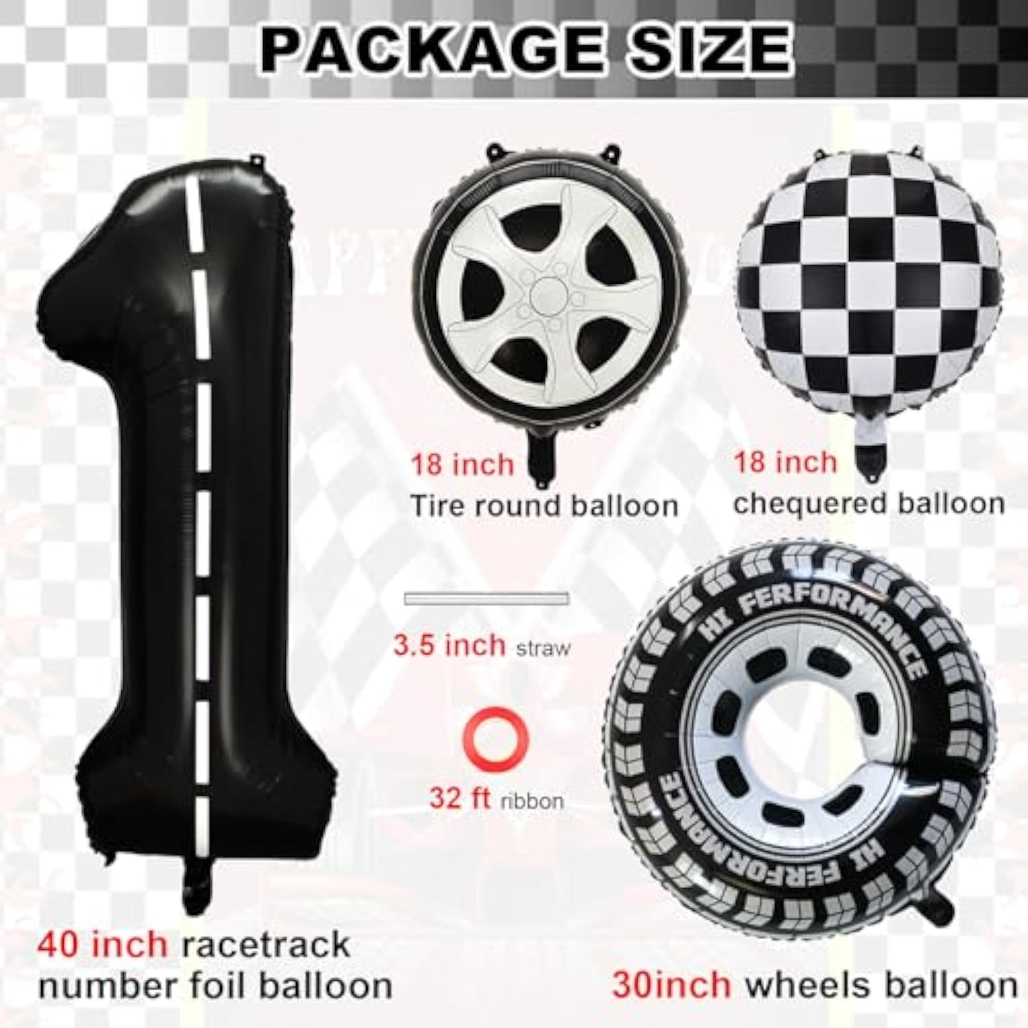 7-pc race car 1st birthday set with 40" black racetrack number 1 foil balloon