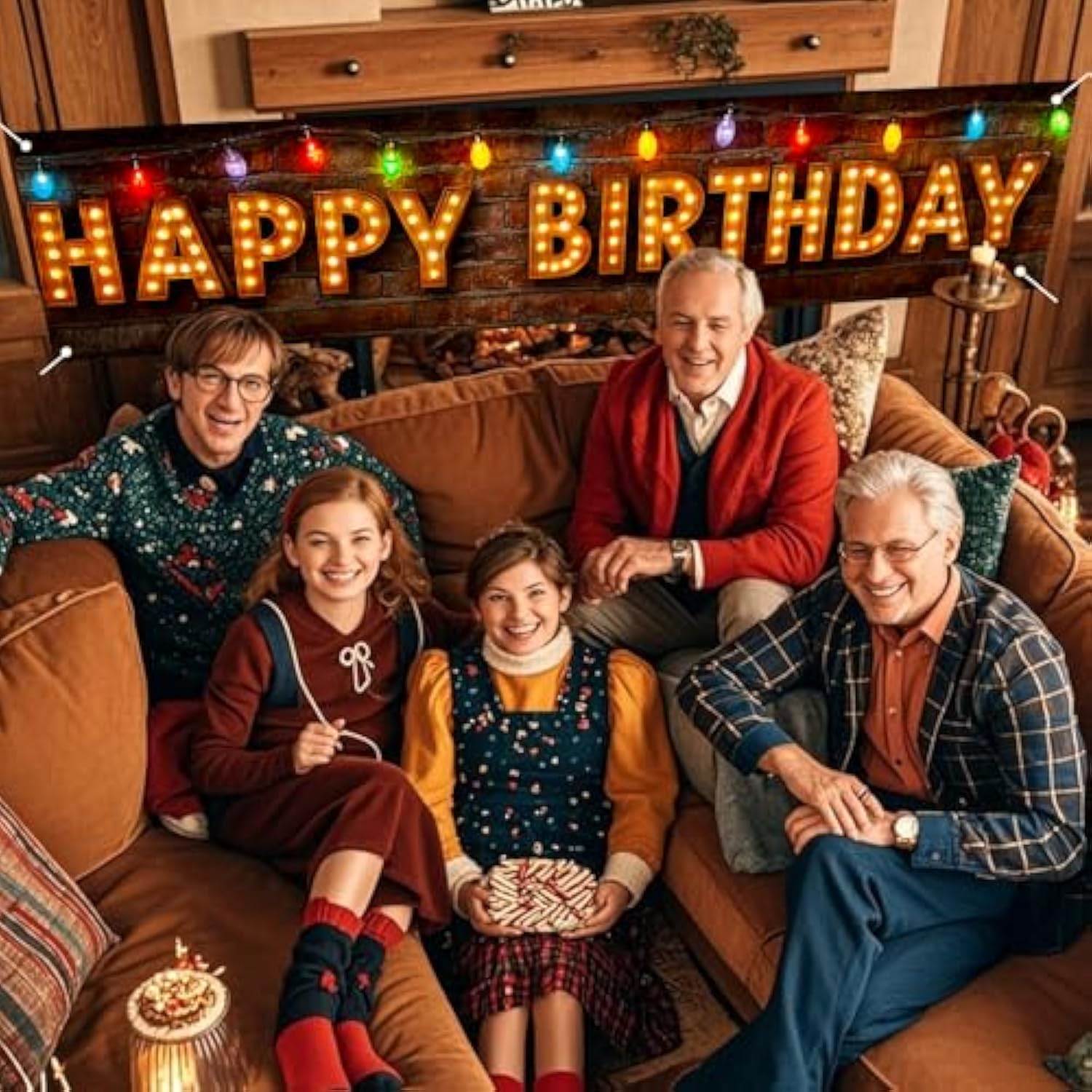 Happy Birthday Yard Banner - 78.7X17.7 Inch Brick Wall With Colorful String Lights,Happy Birthday Yard Design, Outdoor/Indoor Giant Birthday Sign