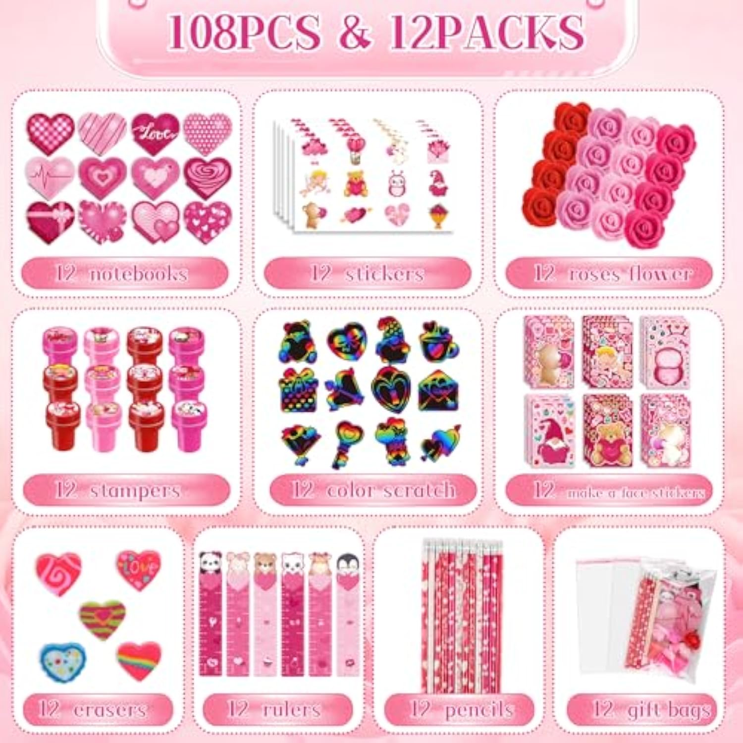 Valentines Day Stationery Gifts Set For Kids Hearts Pencils Erasers Stickers School Classroom Exchange Reward Prizes Bulk For Students Valentine’S Party Favors Goodie Bag Filler?108Pcs?