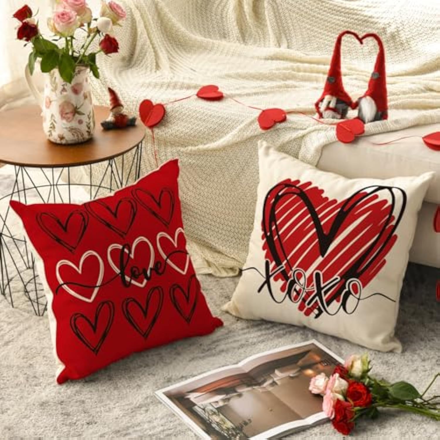 I Love U Xoxo Valentine Hearts Throw Pillow Covers, 20 X 20 Inch Love Wedding Cushion Case Decoration For Sofa Couch Set Of 4