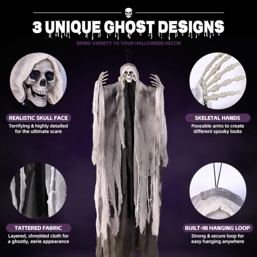 3PCS Hanging Halloween Skeleton Ghosts Decorations for Outdoor Indoor