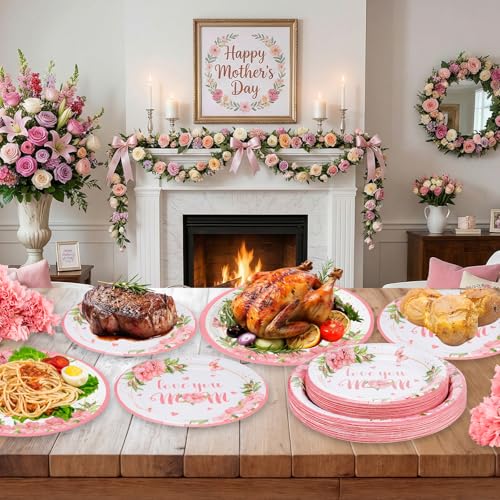 24 Pcs Happy Mother's Day Plates Set - Pink Love You Mom Paper Plate, Disposable Flowers Mothers Day Round Dinner Dessert Plates Tableware for Mother Days Party Supplies Favors Table Decorations
