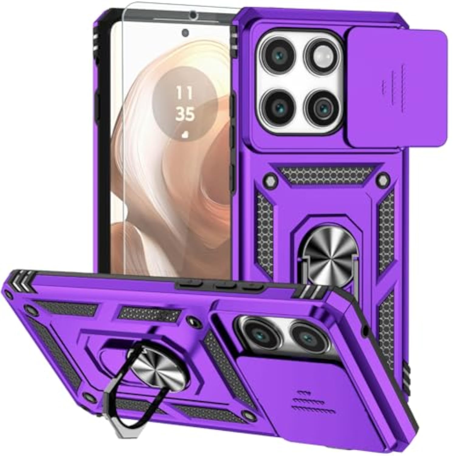 Motorola Moto Edge 5G 2025 Case with HD Screen Protector and Military-Grade Ring Holder Kickstand Slide Camera Lens Cover Shockproof Phone Case for Moto Edge 2025 Purple