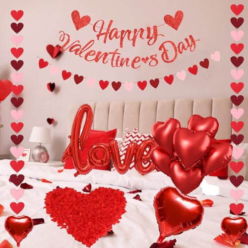 Valentines Day Decorations Kit With 3 Pack Hearts Felt Garland, 1 Happy Valentine's Day Banner, Love Heart Valentines Balloons And 500pcs Rose Petals For Anniversary Galentines Day Decorations
