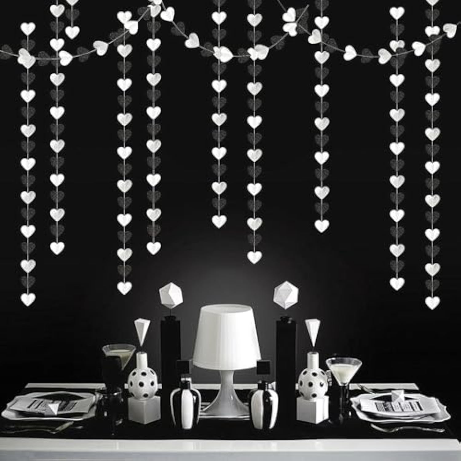 Black White Silver Heart Garland – 52ft Party & Event Hanging Décor