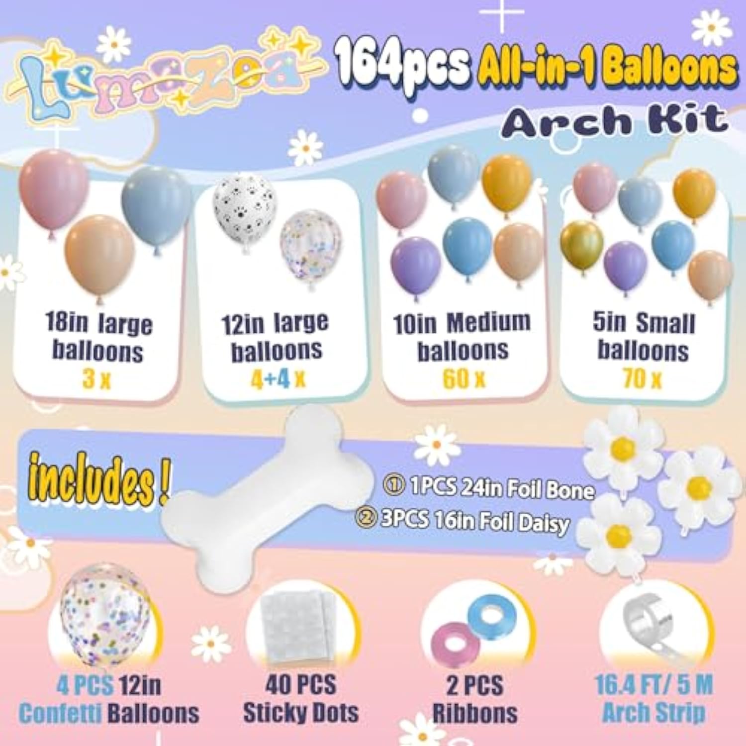 164pcs Blue Balloon Arch Kit with Daisy Bone Foils for Parties and Baby Showers