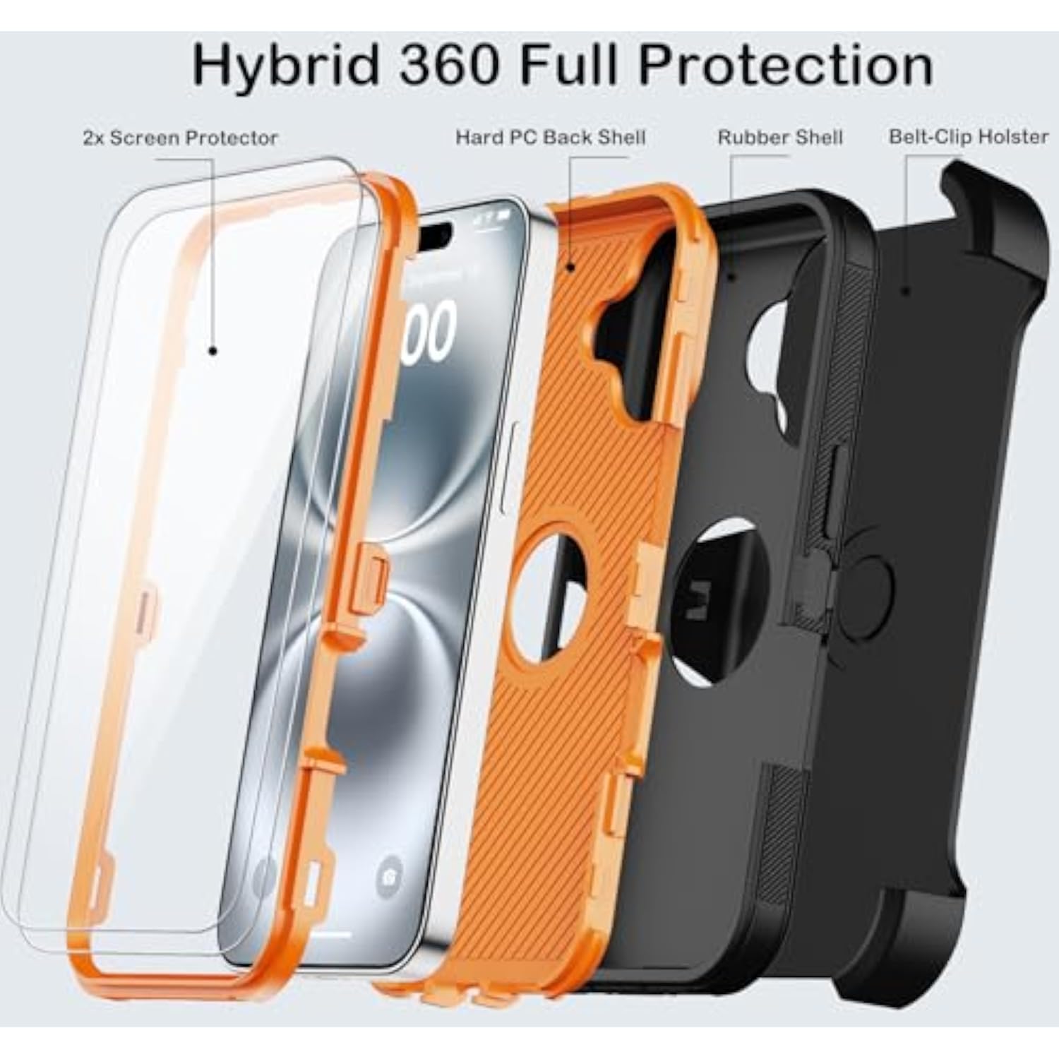 Heavy Duty Shockproof iPhone 16 Case with Belt Clip Holster, 2X Screen Protectors, 3 Layers Full Covered Rugged Durable Phone Cover with Kickstand 6.1" Black Orange