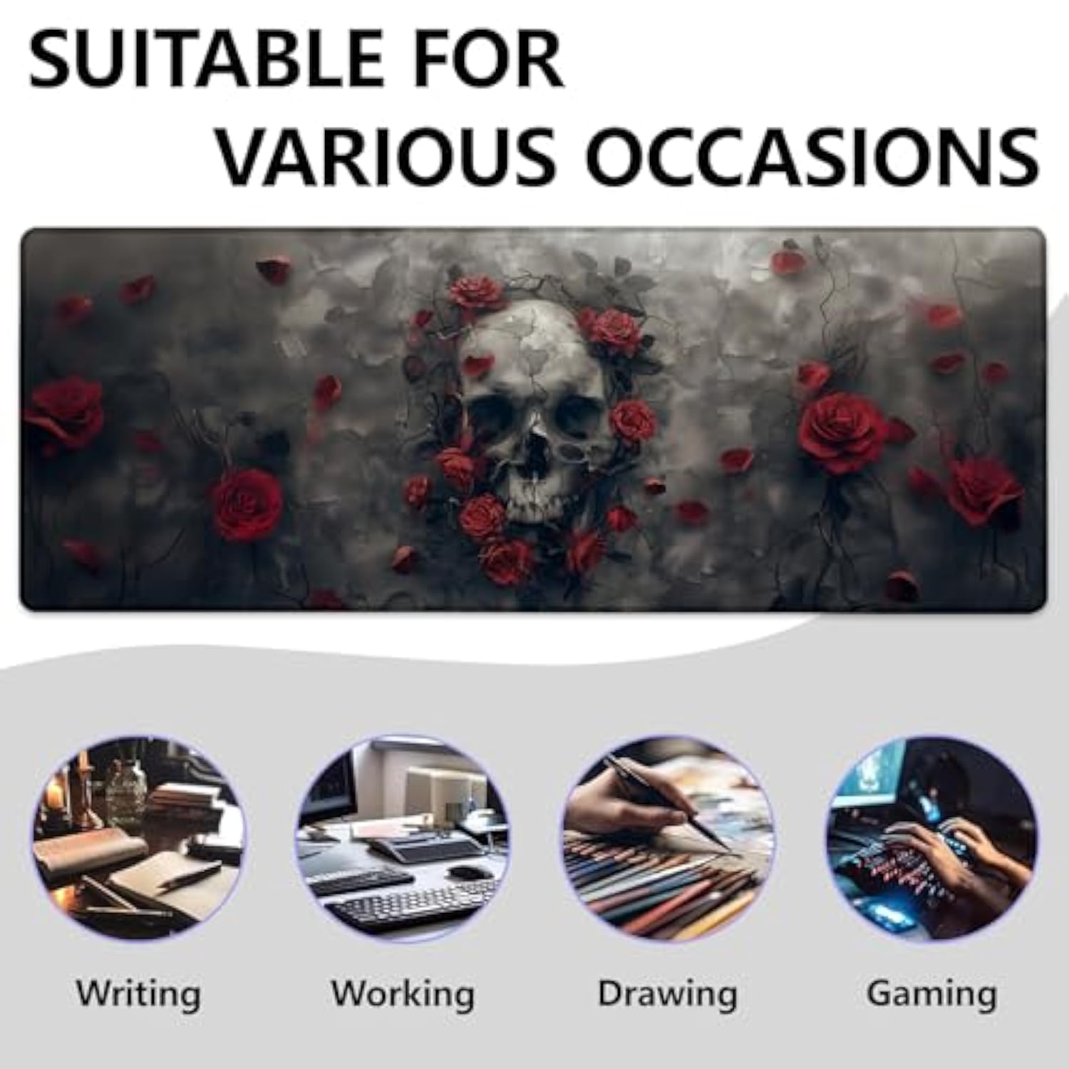 Gothic Skulls And Roses Large Mouse Pad, Gaming Mouse Pad, Non-Slip Rubber Base, Office Accessories, Desk Mat, Dark Mousepads For School, Work, Home Decor Gifts 31.5" X 11.8"