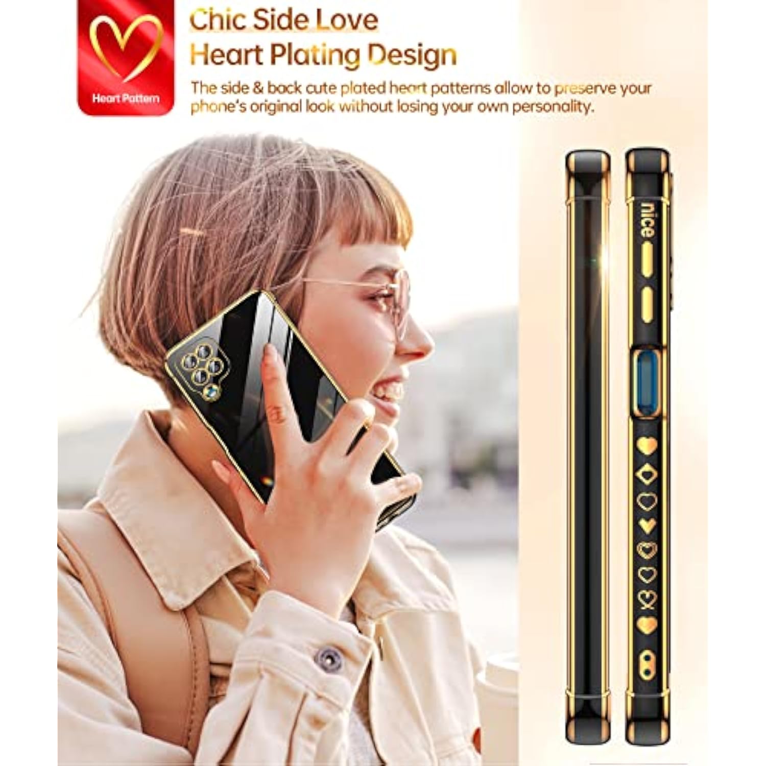 For Samsung Galaxy A12 Case: With Tempered Glass Screen Protector [2 Pcs]+ Full Camera Lens Protection, Love Heart Plating Girly Women Cute Luxury Soft Tpu Shockproof Case For Samsung A12, Black