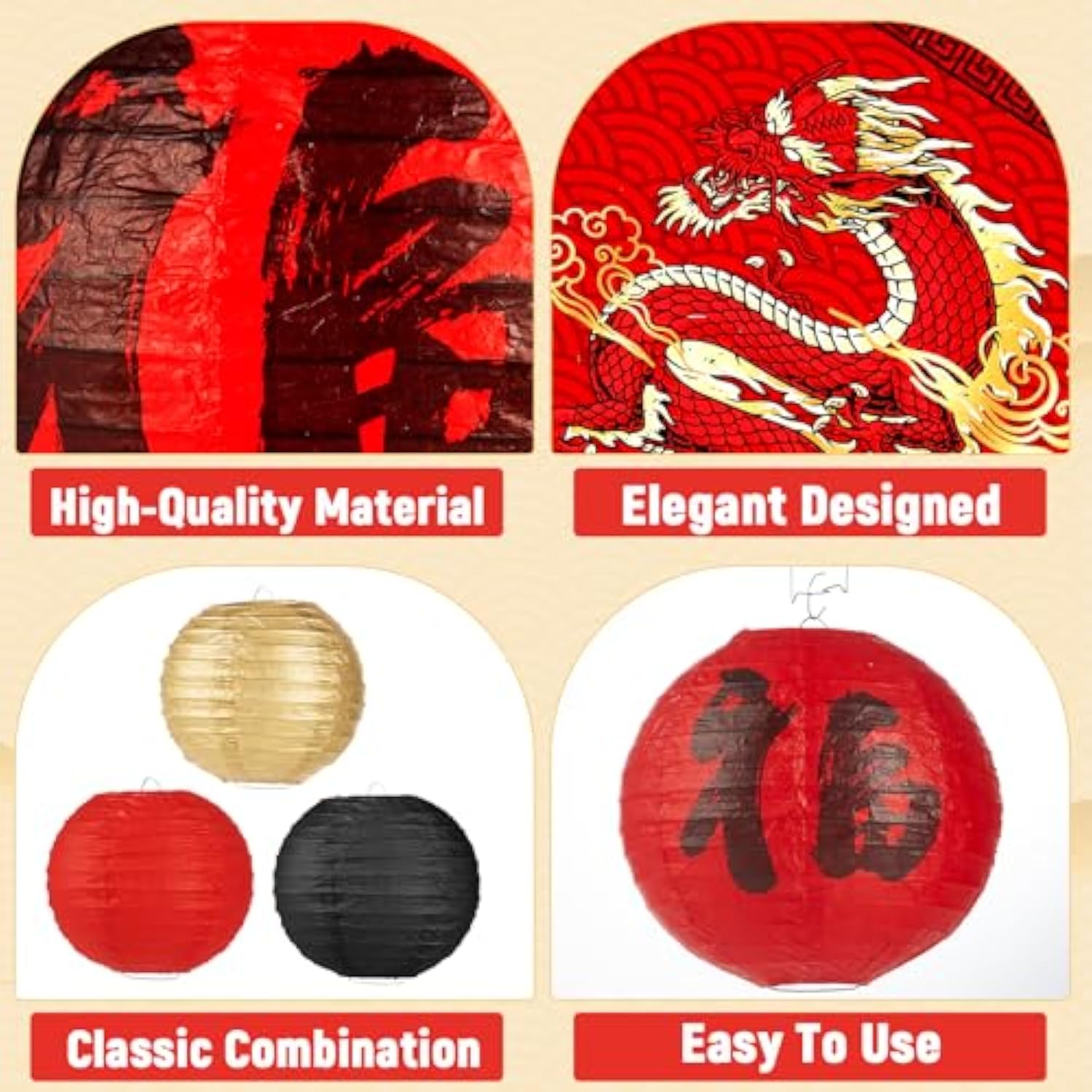 16-Pcs Red, Black & Gold Hibachi Lantern Banner Set Asian Party Decor