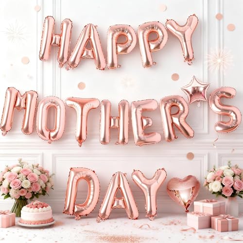 Happy Mother's Day Balloons, Rose Gold 16 Inches Mother Foil Letter Balloons with Star Heart Balloon for Mother's Day Mom Birthday Appreciation Baby Shower Family Celebration Party Decoration Supplies