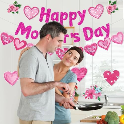 Happy Mother's Day Banner Set Decoration for Mother's Day Party Decorations Backdrop Garland for Mom Mother's Day Glitter Garland Photo Props (3 pcs) (Pink Thank You MOM)