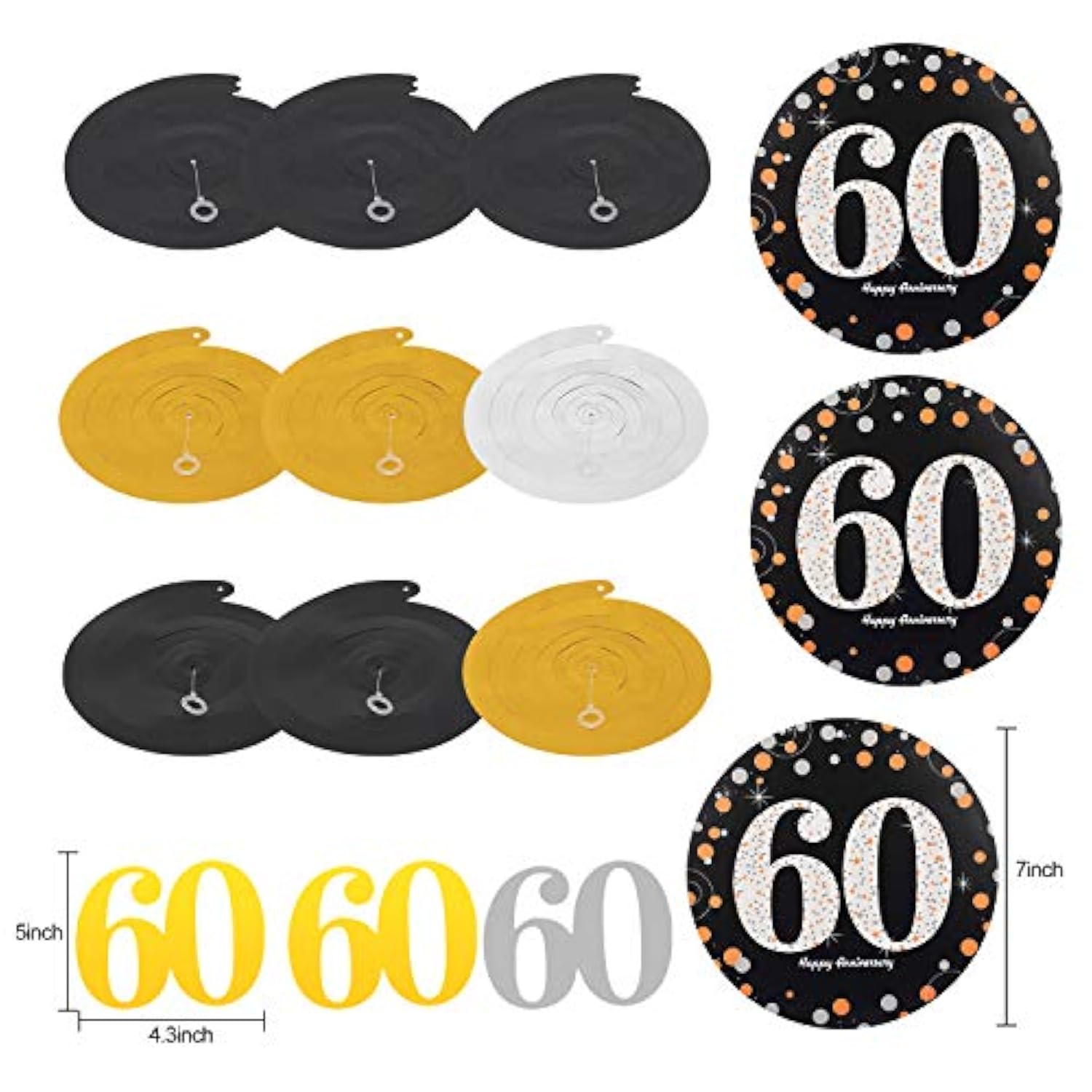 60Th Anniversary Decorations Kit - Gold Glitter Happy Anniversary Banner, 9Pcs Sparkling Hanging Swirl, 6Pcs Poms - For 60Th Wedding Party Decorations