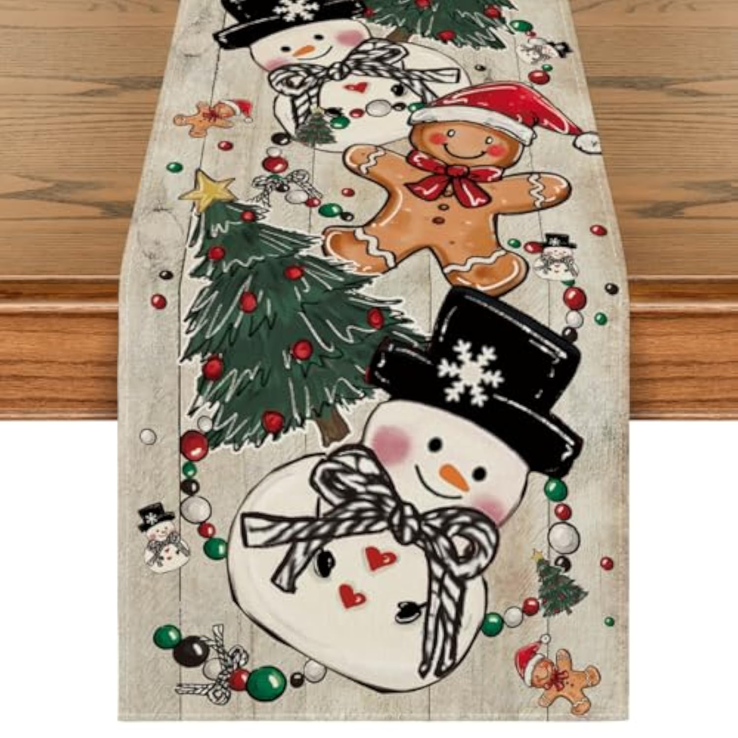 Wood Snowman Gingerbread Pine Merry Christmas Table Runner, Seasonal Winter Kitchen Dining Table Decoration For Home Party Decor 13X36 Inch